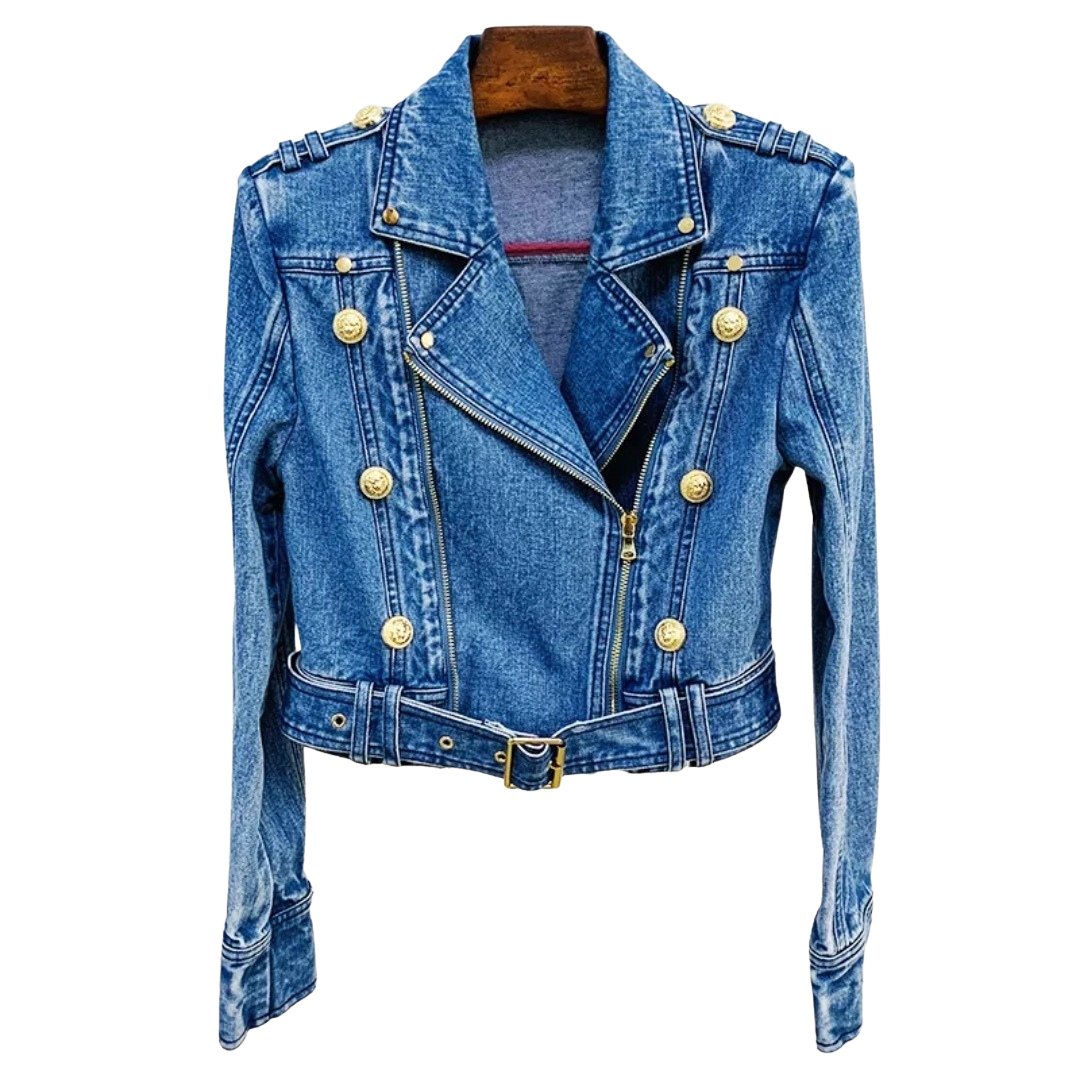 Cropped Blue Denim Moto Jacket