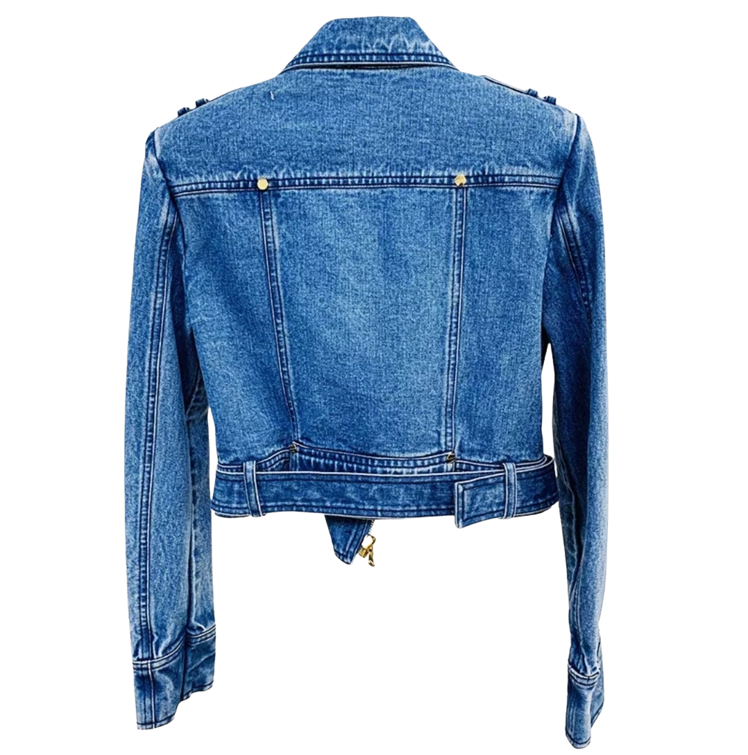 Cropped Blue Denim Moto Jacket