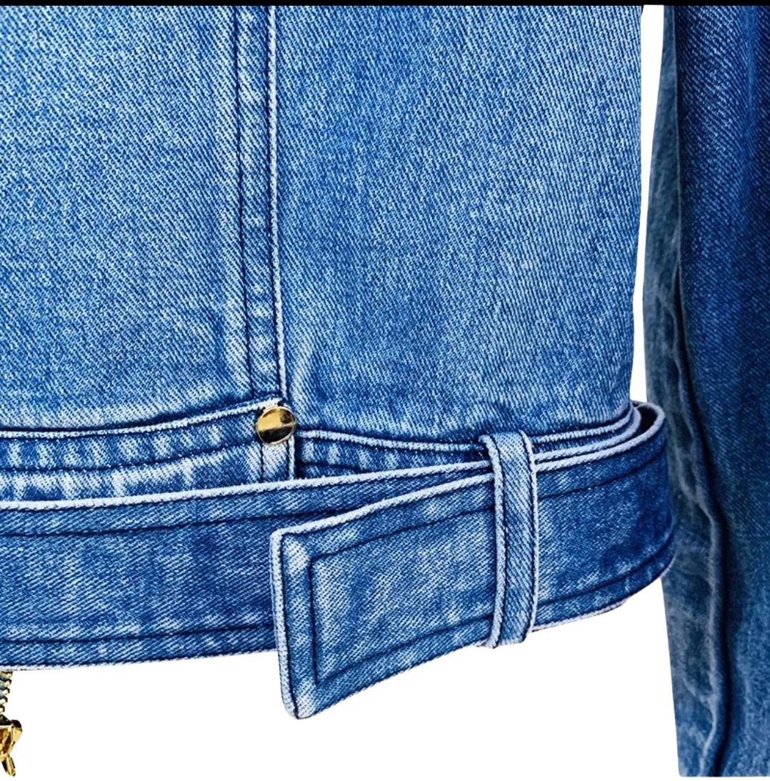 Cropped Blue Denim Moto Jacket