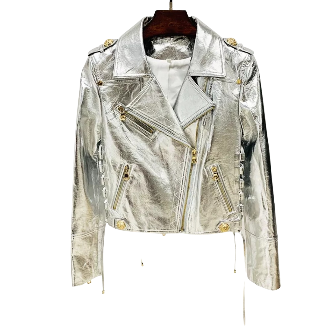 Silver Faux Leather Moto Jacket