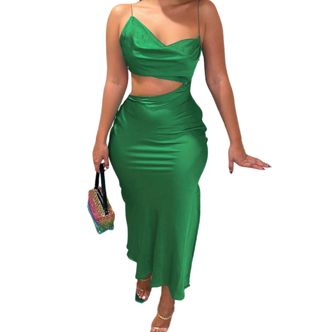 green satin cut out dress Clarosia | Green Asymmetric-Neck Maxi Dress With Cut-Out With Sash