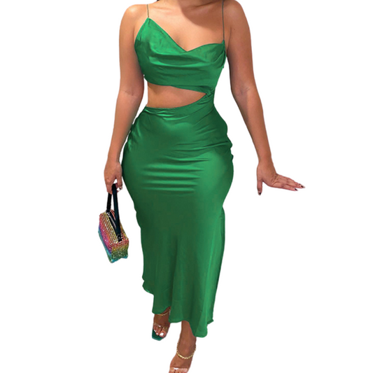 Green Satin Cutout Dress